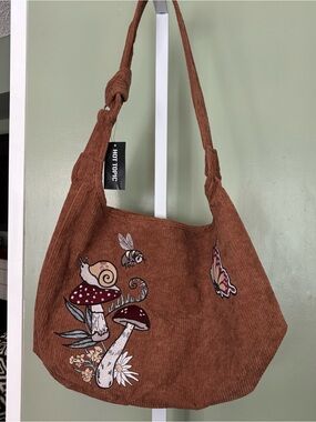 Hot Topic Brown Corduroy Mushroom & Insect Embroidered Shoulder Bag light weight